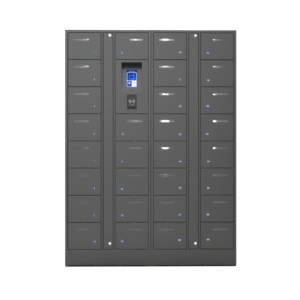 Front view of the black 30 bay device charging locker from HonestWaves