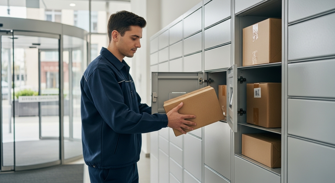 Delivery person placing packages in smart locker compartments