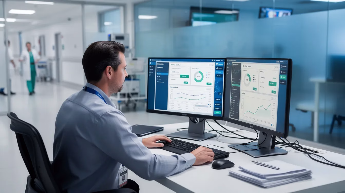 Healthcare Worker Man Viewing Reports On Computer Screen