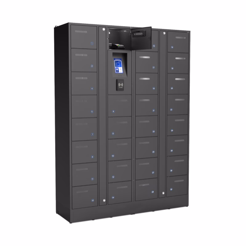 HonestWaves - 30 Bay Smart Locker for Scanners and Tablets - Facing Right with Open Bay 30 Bay Smart Charging Locker