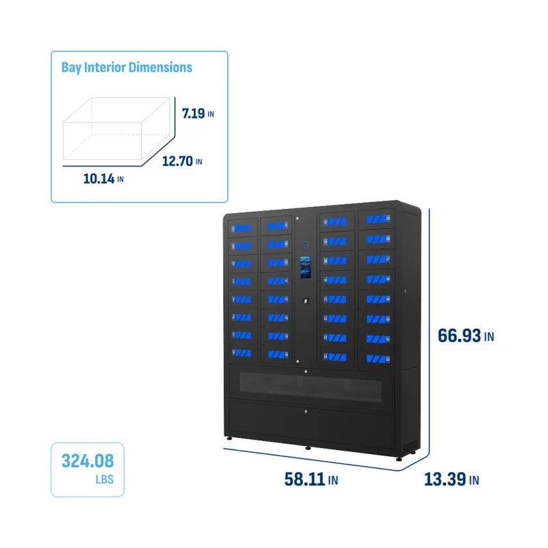 HonestWaves - 32 Bay Biometric smart locker with battery storage in black - Weight and Dimensions 32 Bay Biometric Smart Locker for scanners with battery storage area