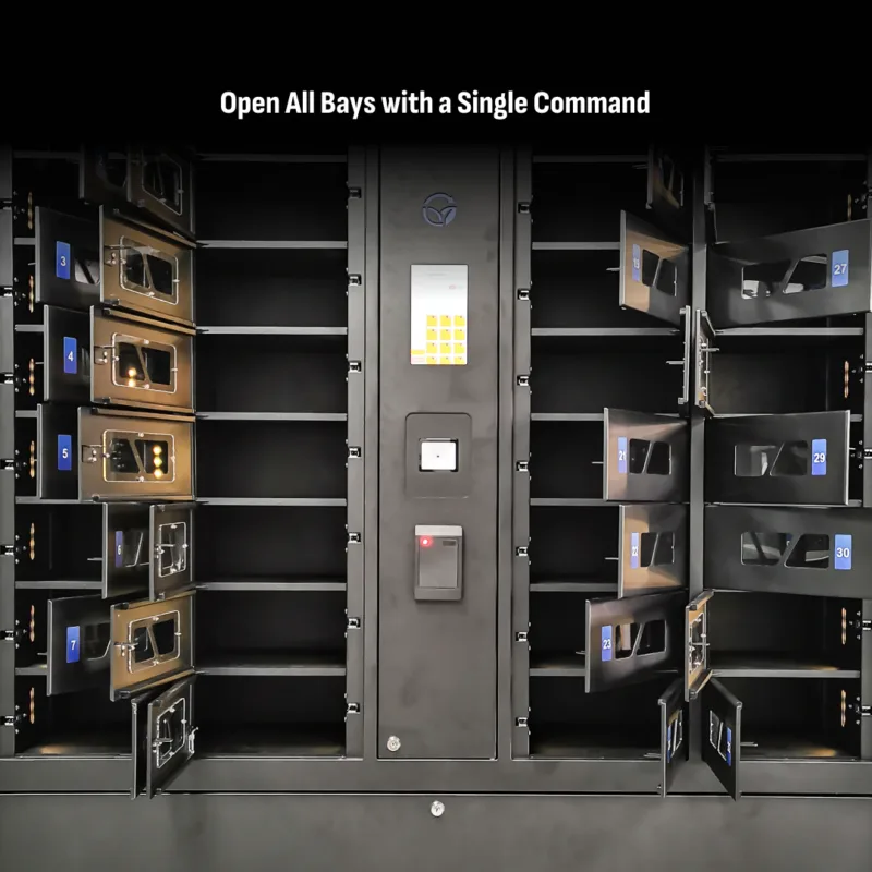 HonestWaves - 32 Bay Smart Locker in black for scanners and tablets - Open all bays 32 Bay Device Smart Charging Locker