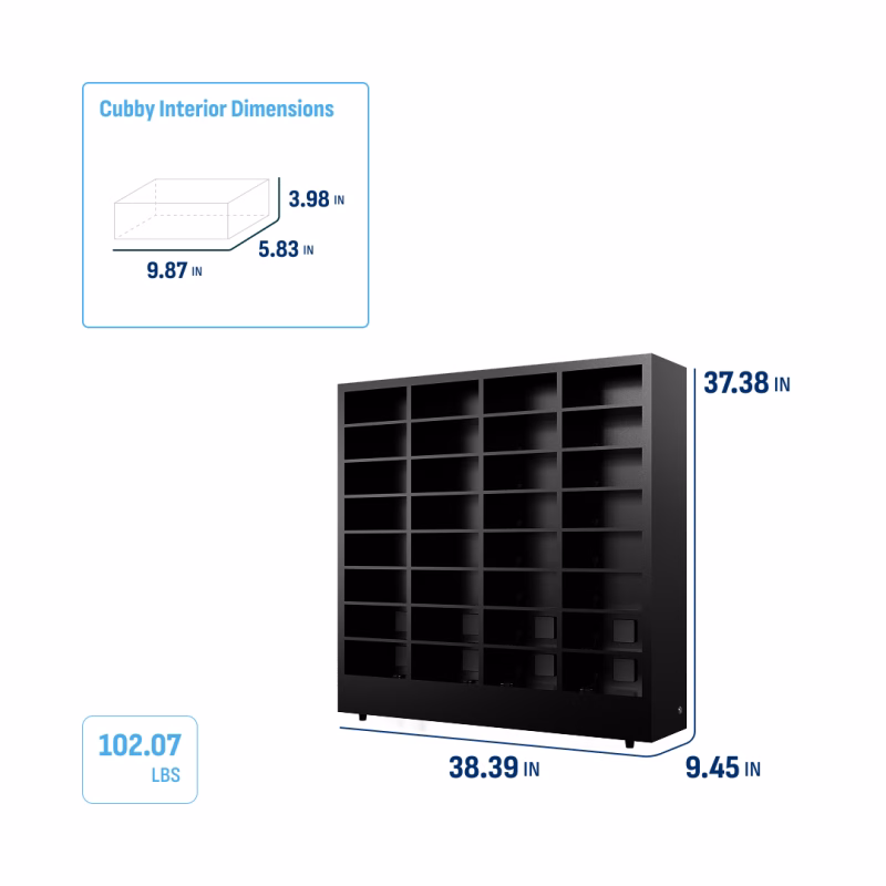 HonestWaves - 32 Cubby Charging Organizer in Black - Dimensions and weight 32 Cubby Charging Solution for Classrooms