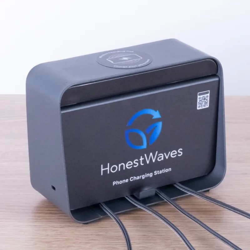 HonestWaves - ChargeHub 5 - Phone Charging Station in Black - Cables Extended Lid Closed Cables Extended with Lid Closed on the ChargeHub 5 Phone Charging Station