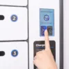 Finger pressing touchscreen of ClimateGuard 6 Outdoor Phone Charging Locker