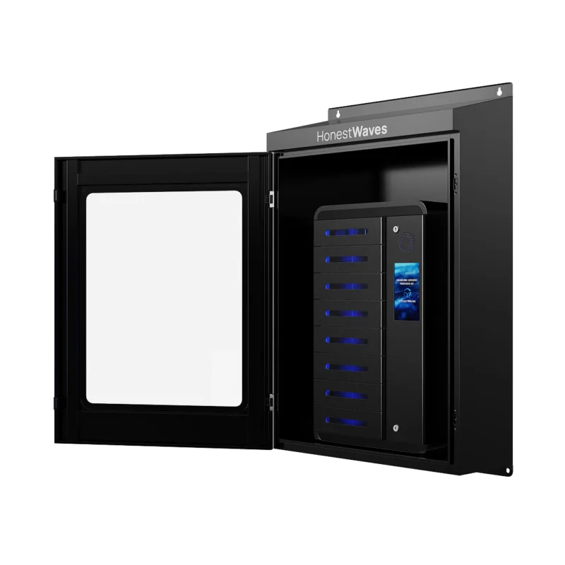 HonestWaves - ClimateGuard 8 - Outdoor Phone Charging Locker in Black - Facing left open ClimateGuard - Outdoor Phone Charging Locker
