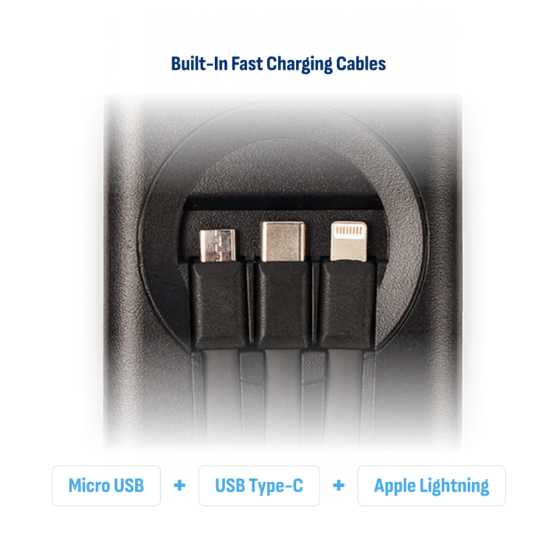 Portable Battery Pack in Black - Built In Cables