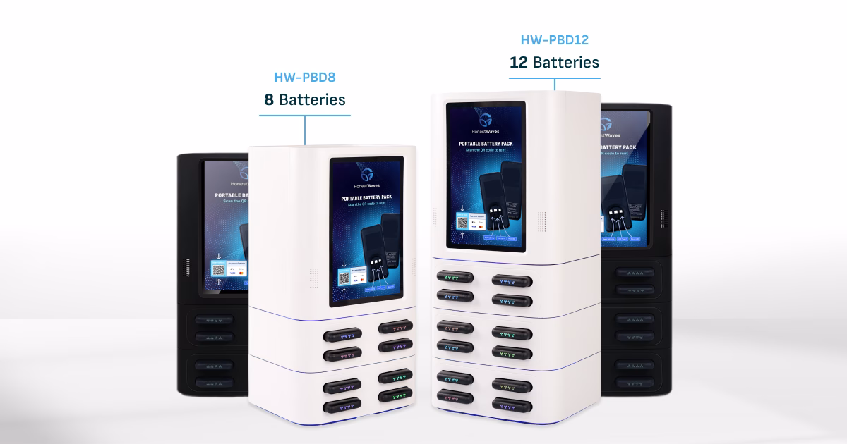 HonestWaves Portable Power Pro lineup of portable battery rental pack charging kiosks