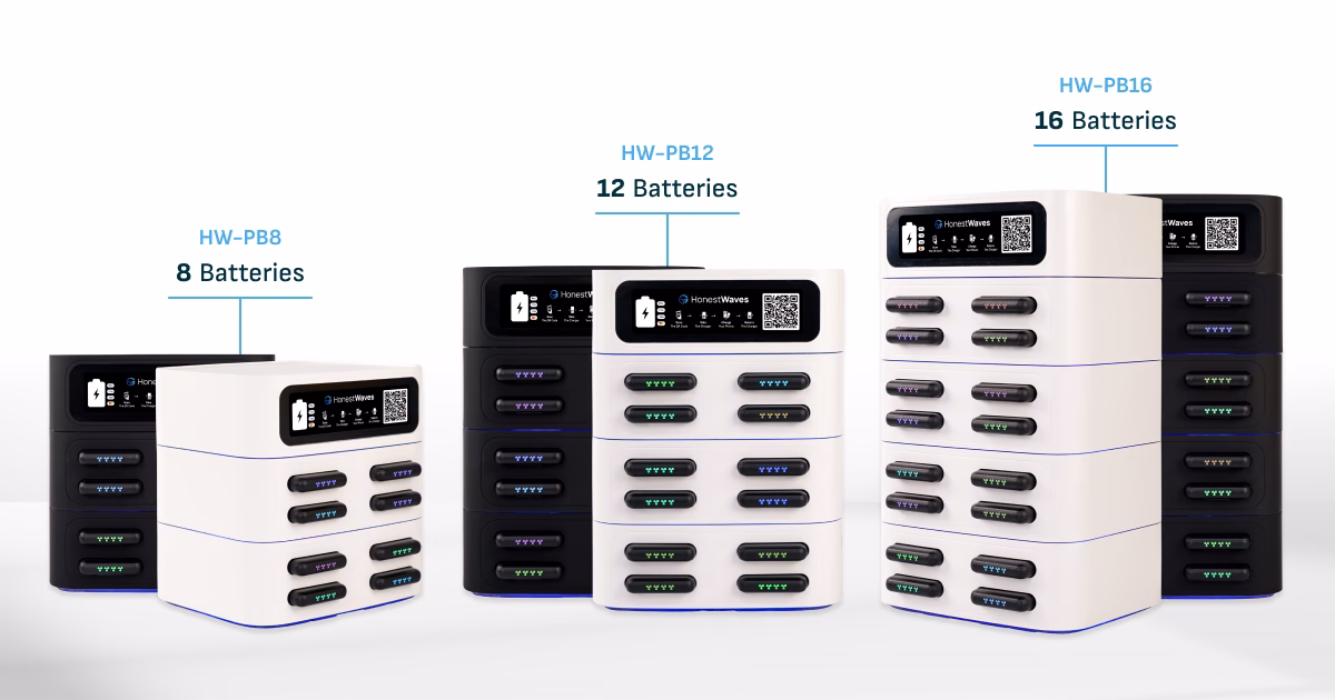 HonestWaves Portable Power lineup of portable battery rental pack charging kiosks