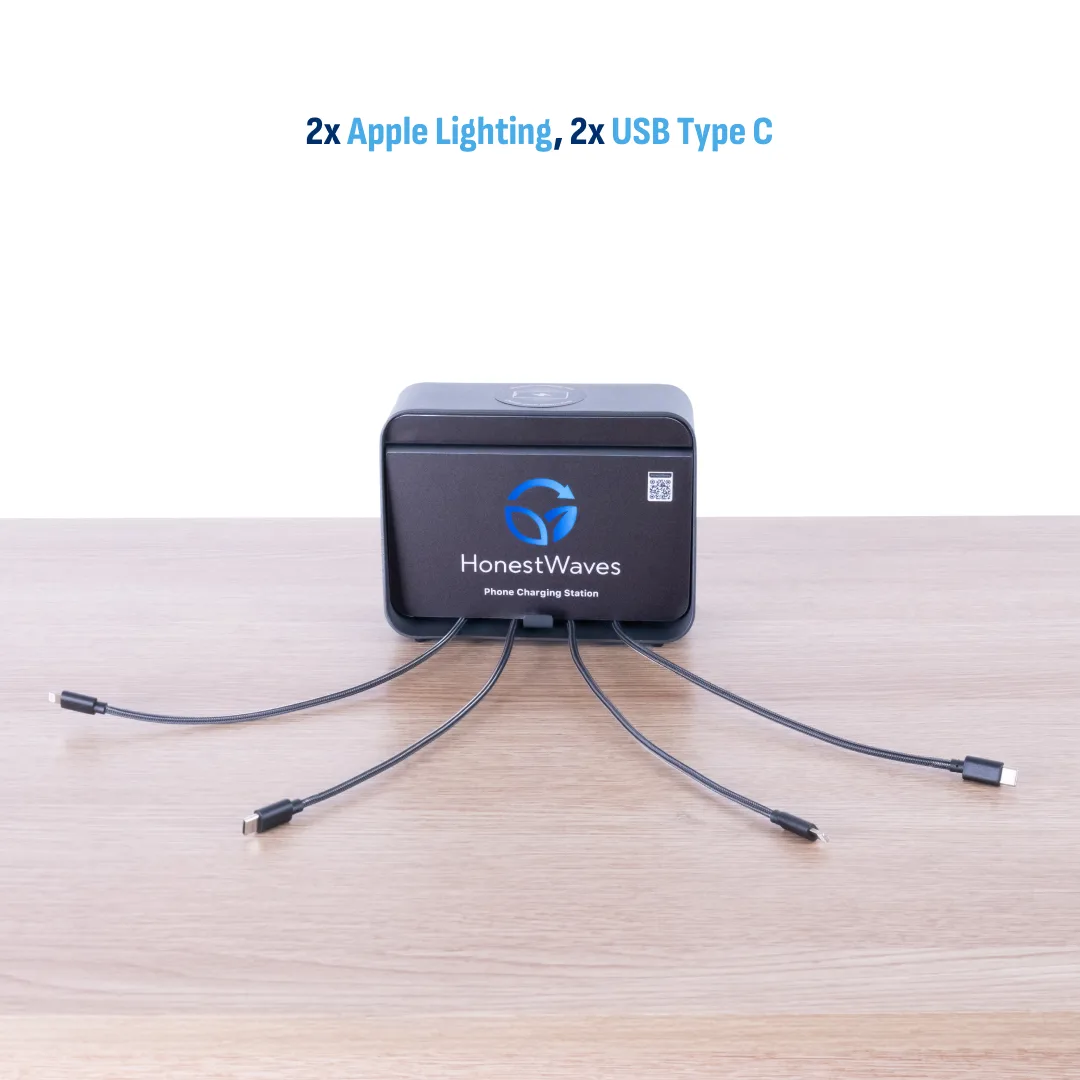 HonestWaves - PortableCharge 5 - Phone Charging Station in Black - Included Charging Cables 2 USB-C and 2 Apple Lighting Charging Cables in the PortableCharge 5