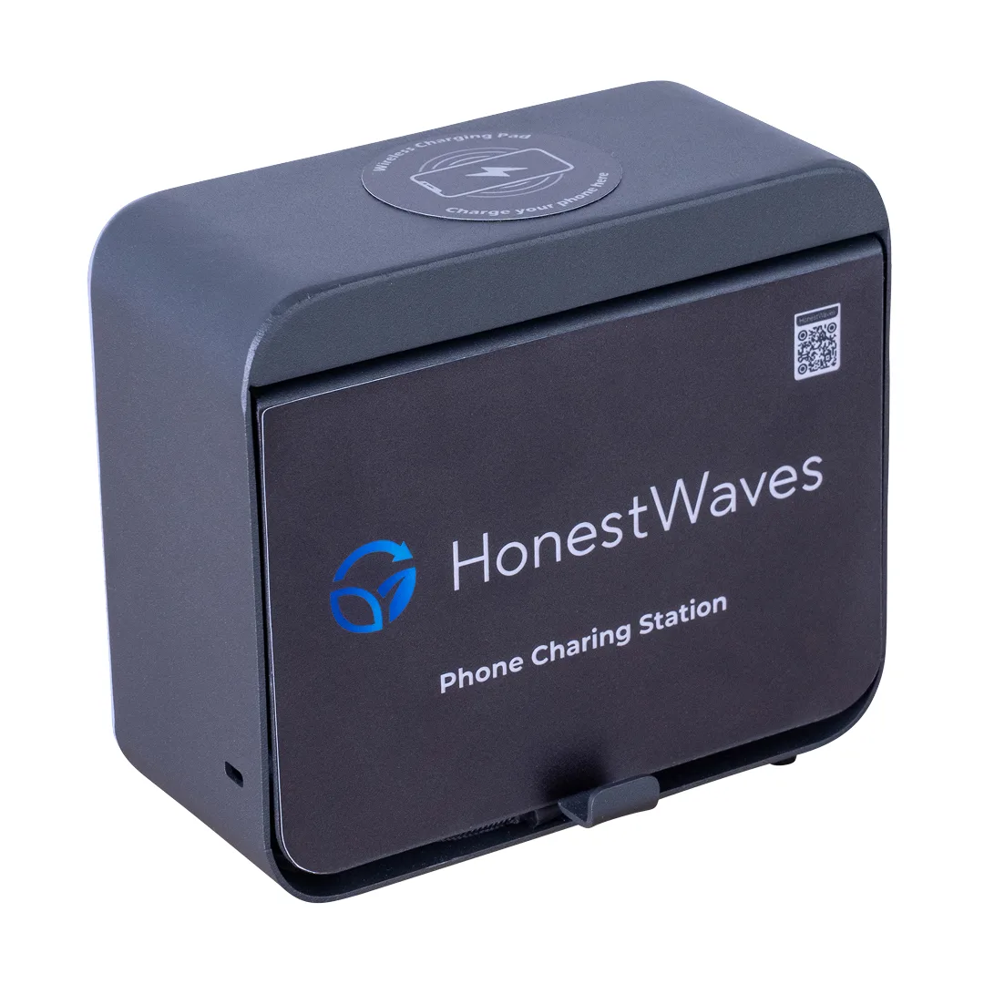 HonestWaves - PortableCharge 5 - Phone Charging Station in Black - Looking Right Overhead PortableCharge 5 Phone Charging Station Looking Right