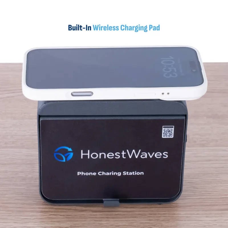 HonestWaves - PortableCharge 5 - Phone Charging Station in Black - Phone on Wireless Charging Pad Phone on Wireless Charging Pad of the PortableCharge 5
