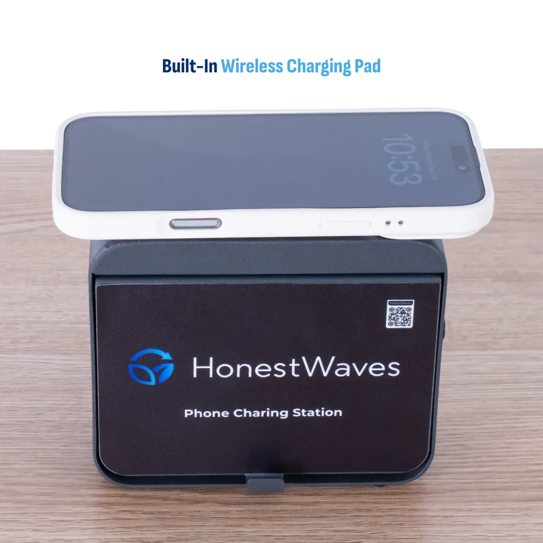 HonestWaves - PortableCharge 5 - Phone Charging Station in Black - Phone on Wireless Charging Pad Phone on Wireless Charging Pad of the PortableCharge 5