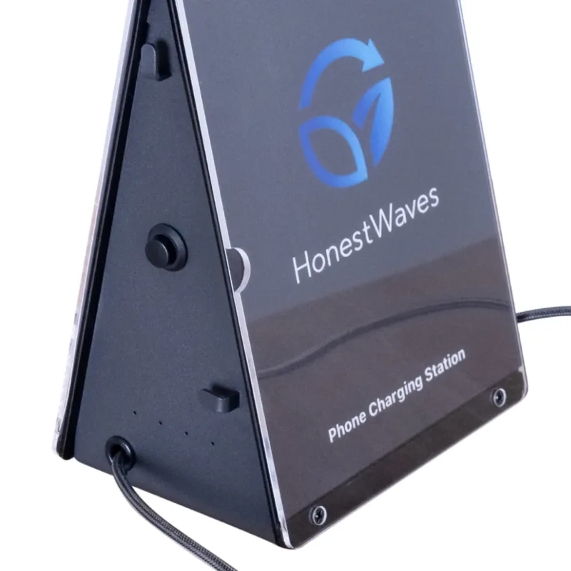 HonestWaves - PortableCharge 6 - Phone Charging Station in Black - Closeup of Side with Power Button Closeup of Side with Power Button on the PortableCharge 6
