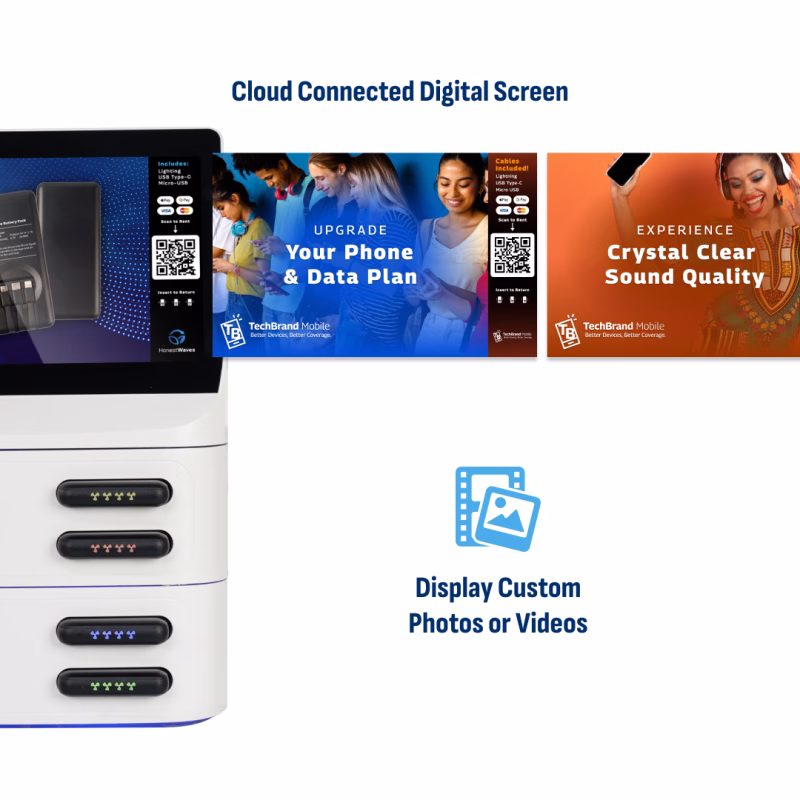 HonestWaves - PortablePower 8 Pro Battery Rental Kiosk in white - cloud connected digital screen PortablePower Ultra Battery Pack Charger Rental Kiosk