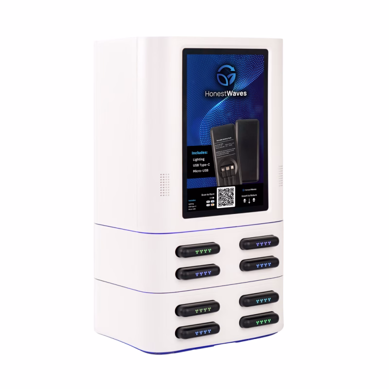 HonestWaves - PortablePower 8 Pro in White - Looking Right PortablePower Pro Battery Pack Rental Kiosks