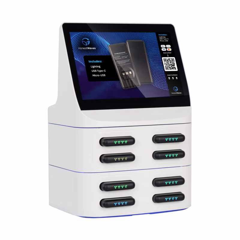 HonestWaves - PortablePower 8 Ultra in White - Facing Right PortablePower Ultra Battery Pack Charger Rental Kiosk