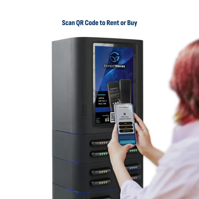 HonestWaves - PortablePower Pro - battery rental kiosks use a qr code to rent and sell batteries to patrons PortablePower Pro Battery Pack Rental Kiosks