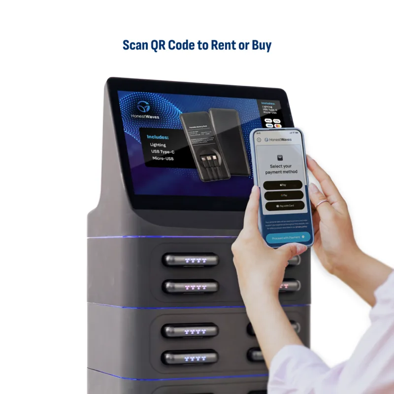 HonestWaves - PortablePower Ultra - battery rental kiosks use a qr code to rent and sell batteries to patrons PortablePower Ultra Battery Pack Charger Rental Kiosk