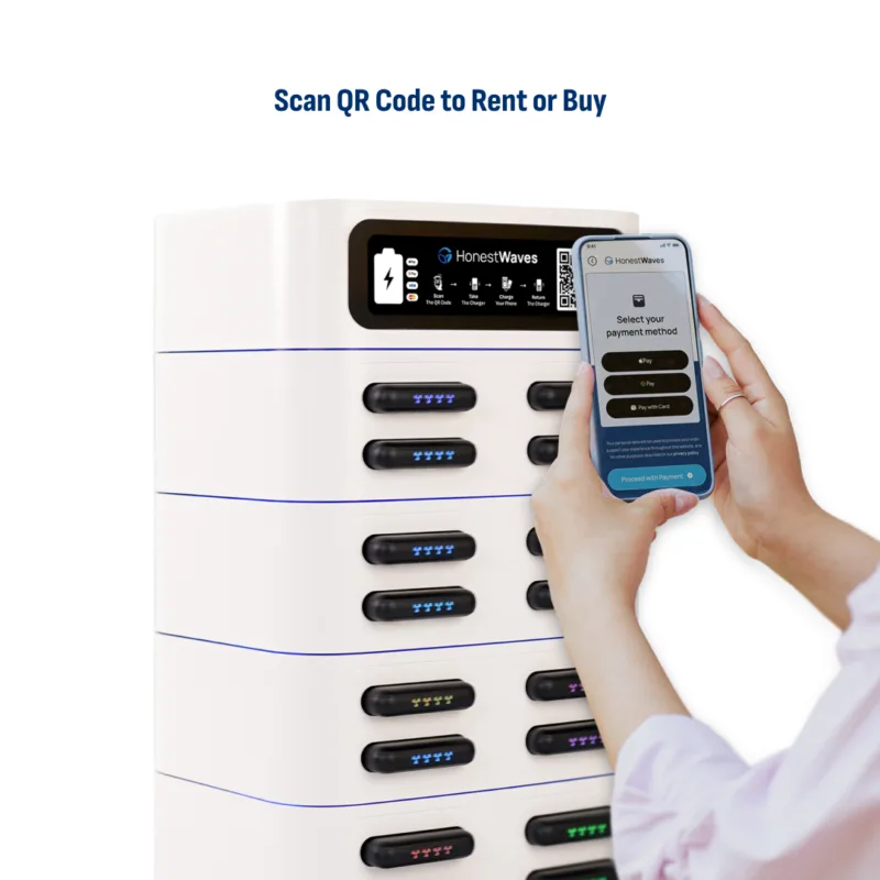 HonestWaves - PortablePower - battery rental kiosks use a qr code to rent and sell batteries to patrons PortablePower Rental Battery Pack Kiosks
