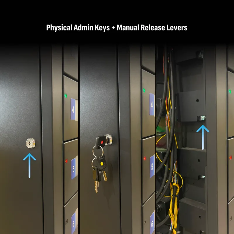 HonestWaves Secure charging lockers have physical admin keys and manual release levers in case of power outage Scanner and Tablet Smart Charging Locker