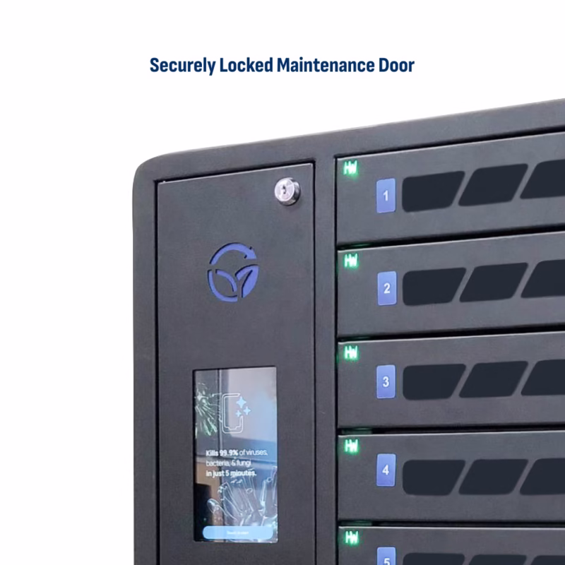 HonestWaves SecureCharge 10 device charging locker in Black - Securely locked maintenance door Securely locked maintenance door on securecharge 10 locker