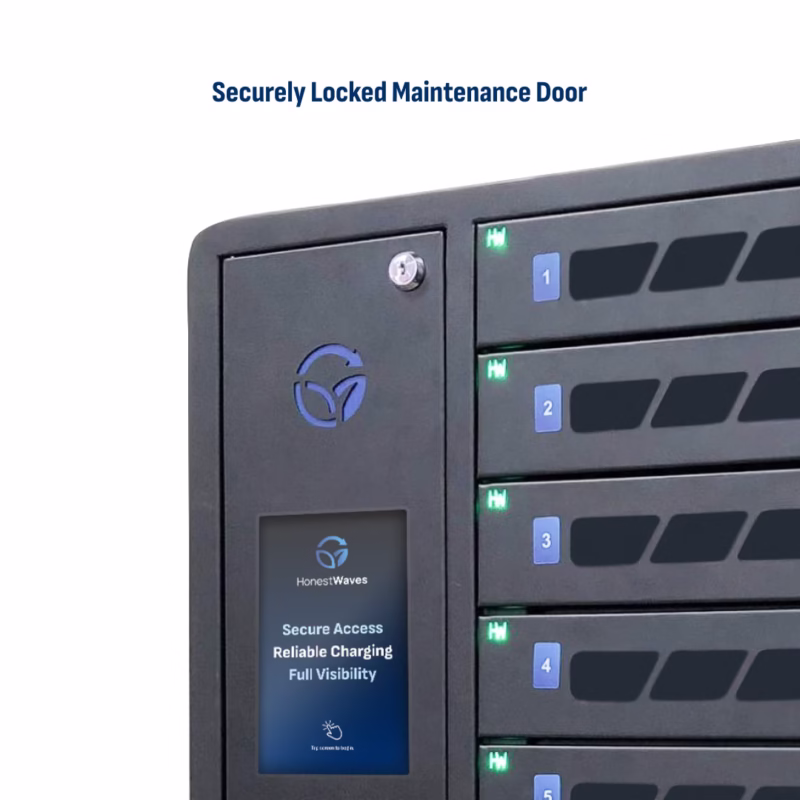 HonestWaves SecureCharge 10 device charging locker in Black - Securely locked maintenance door Securely locked maintenance door on securecharge 10 locker