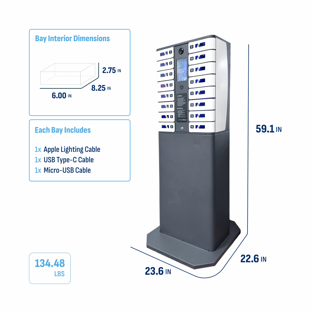 HonestWaves SecureCharge 16 phone charging locker - Dimensions, Weight, Power - with stand