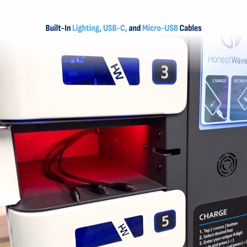 HonestWaves SecureCharge 16 phone charging locker - Open bay with cables SecureCharge 16 Charging Locker