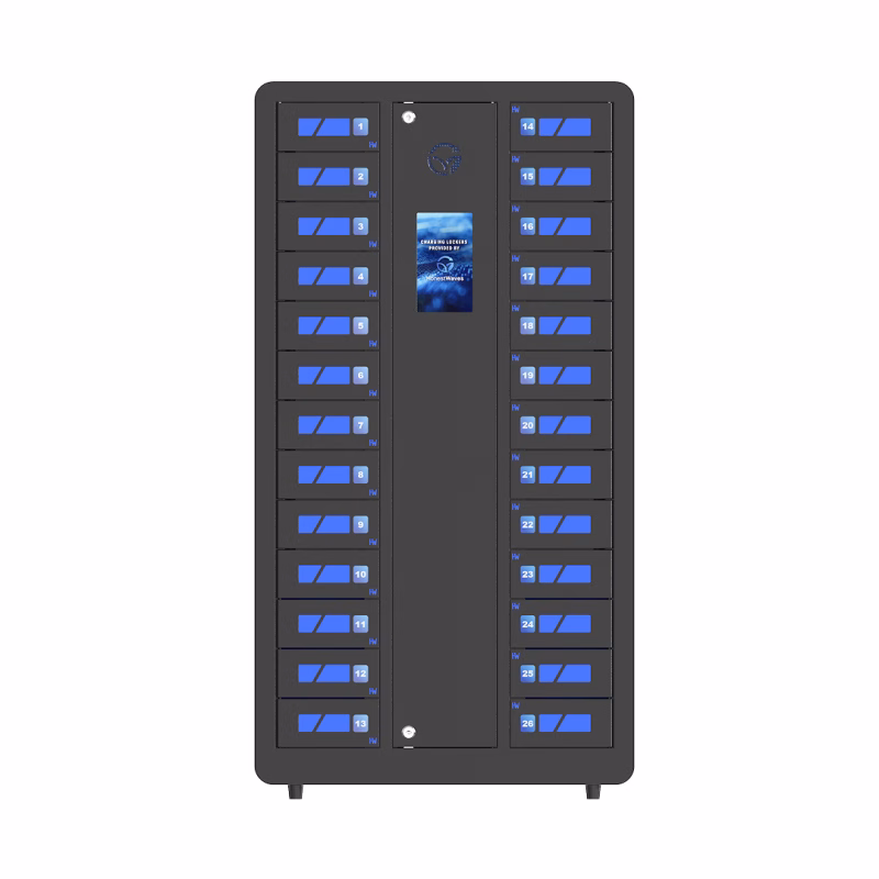 HonestWaves SecureCharge 26 phone charging locker in Black - Front Front view of the SecureCharge 26 phone charging locker in Black
