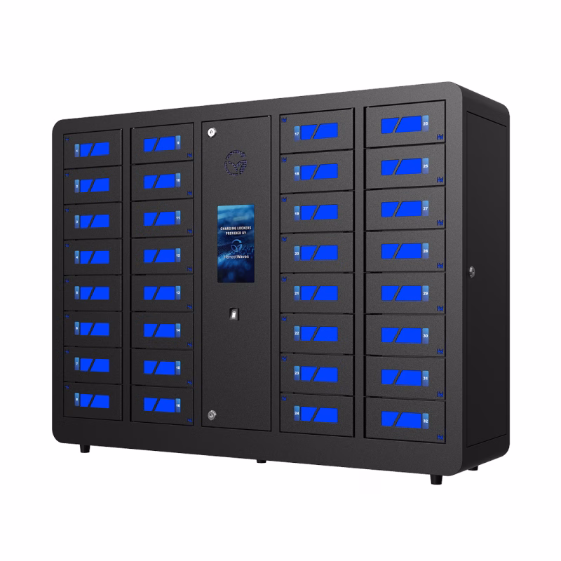 HonestWaves - SecureCharge 32 phone charging locker with fingerprint scanner in Black - Facing Left SecureCharge 32 Bio Charging Locker