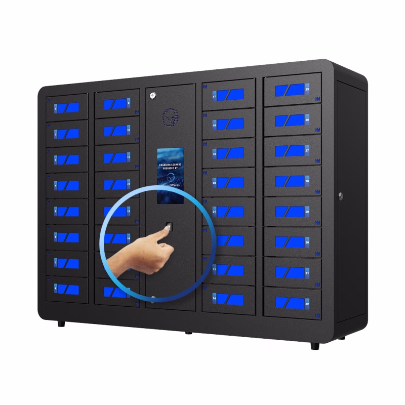 HonestWaves - SecureCharge 32 phone charging locker with fingerprint scanner in Black - Thumb Pressing Scanner SecureCharge 32 Bio Charging Locker