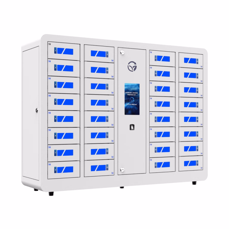 HonestWaves - SecureCharge 32 phone charging locker with fingerprint scanner in White - Facing Right