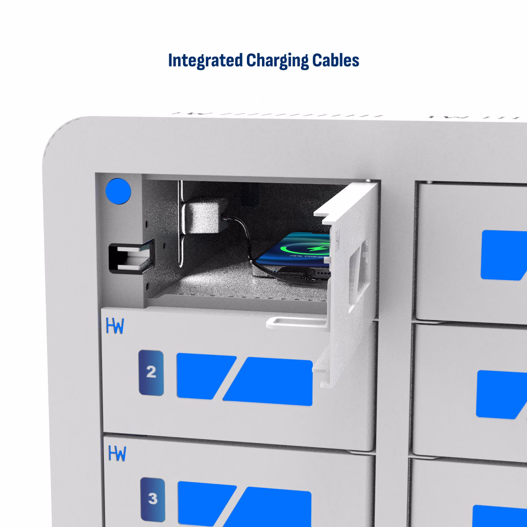 HonestWaves SecureCharge 40 secure phone chargine locker in white - integrated charging cables integrated charging cables on the SecureCharge 40