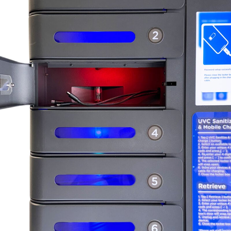 One Open Red Bay on the SecureCharge 8 Phone Charging Locker