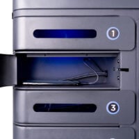 Close Up Bay Open with Device in the SecureCharge 8 Pin Pro Phone Charging Locker
