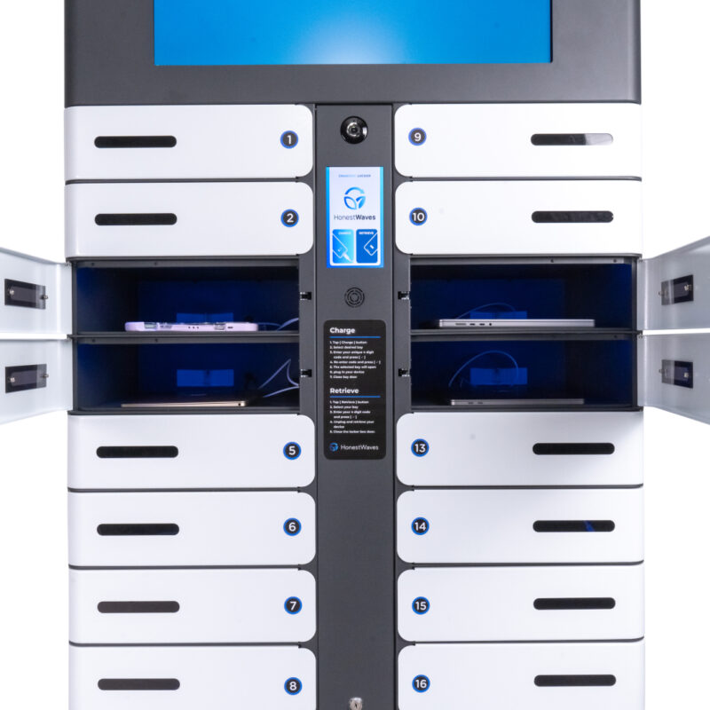 4 Locker Bays of the SecureTech 16 Open with Devices