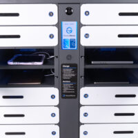 Close up of 4 open locker bays with devices in the SecureTech 16