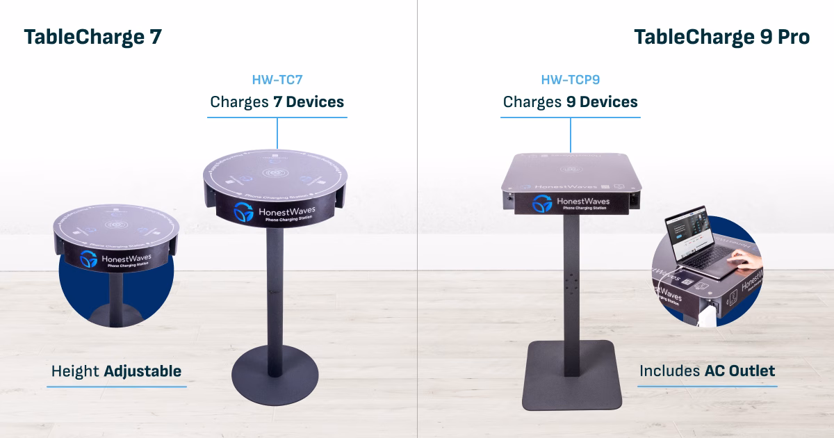 HonestWaves TableCharge 7 and TableCharge 9 Pro device charging tables compared side by side