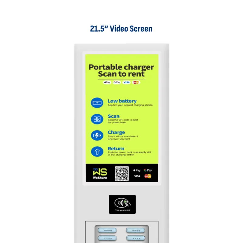 HonestWaves - Weatherproof Portable Battery Pack Rental Kiosk in white - 21.5 Inch Video Screen Weatherproof and Solar PortablePower 24 Charging Kiosk
