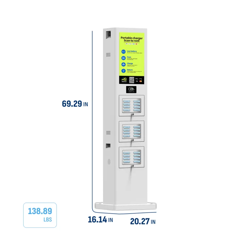 HonestWaves - Weatherproof Portable Battery Pack Rental Kiosk in white - Dimensions and weight Weatherproof and Solar PortablePower 24 Charging Kiosk