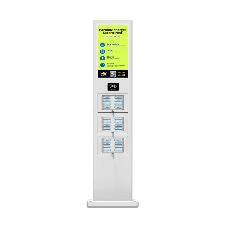 HonestWaves - Weatherproof Portable Battery Pack Rental Kiosk in white - Front Weatherproof and Solar PortablePower 24 Charging Kiosk