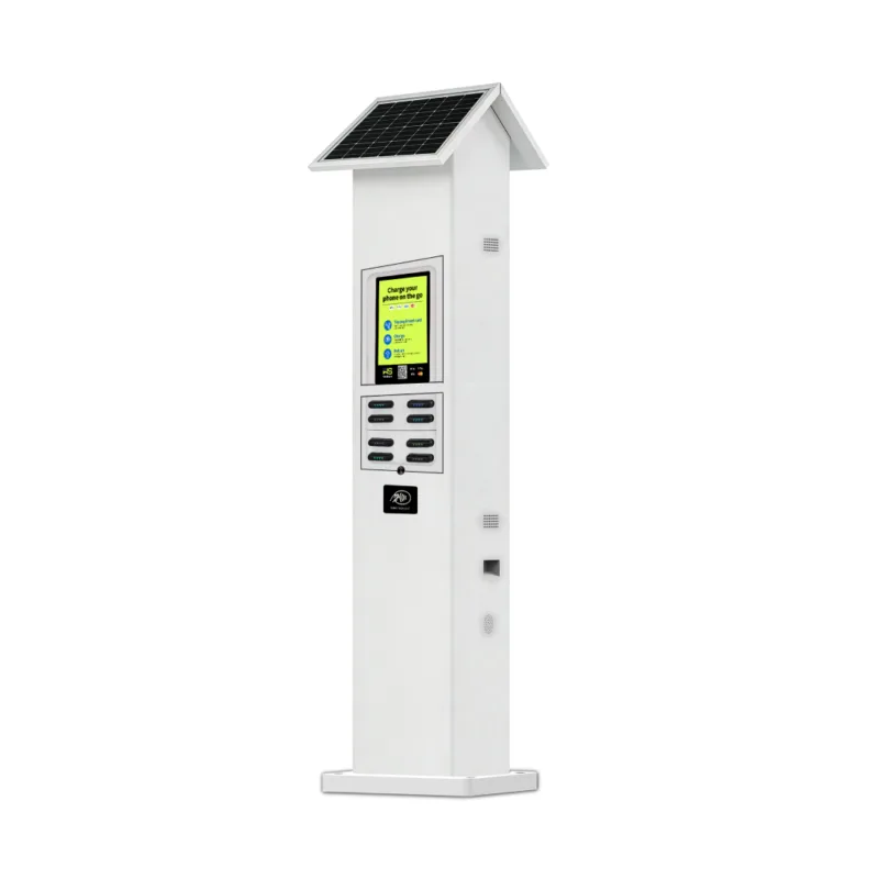 HonestWaves - Weatherproof Portable Battery Pack Rental Kiosk with Solar Roof in white - Facing Left Weatherproof and Solar PortablePower 24 Charging Kiosk