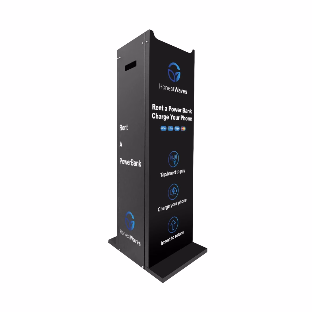 HonestWaves black floor stand for PortablePower Battery Rental Kiosks Facing Right