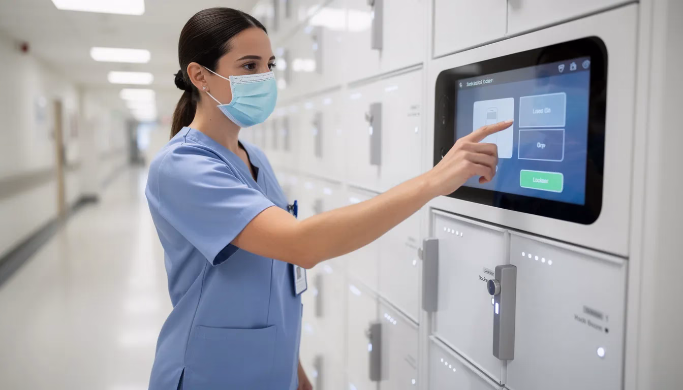 HonestWaves medical worker uses smart locker touchscreen in hospital