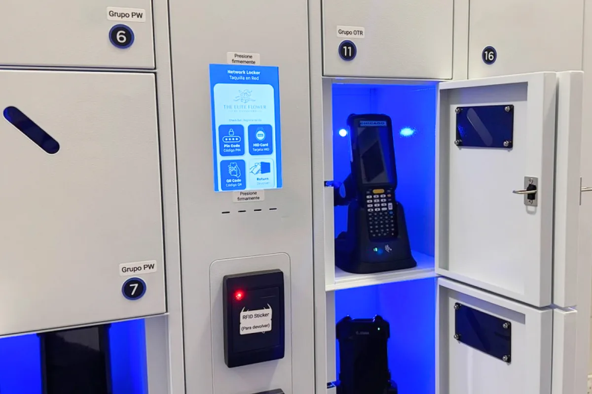 Open bays of charging lockers with scanners charging inside