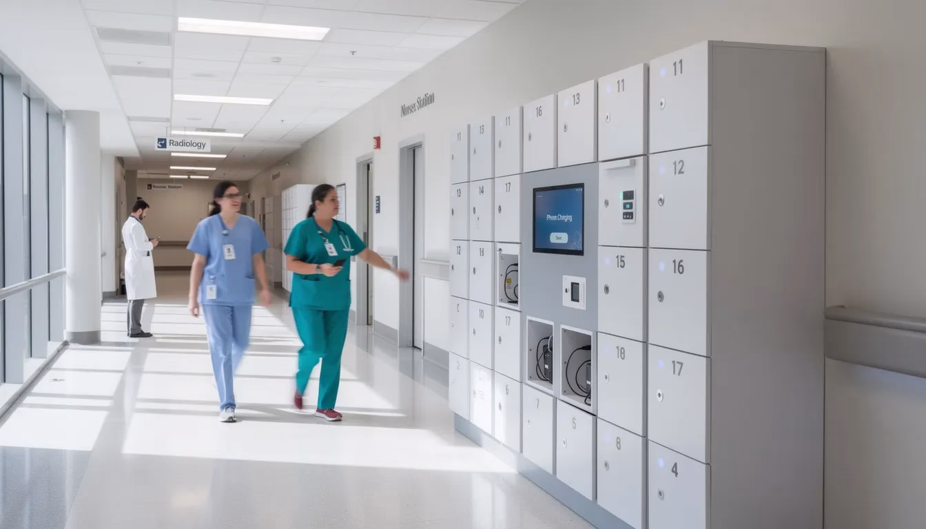 HonestWaves secure smart charging lockers in hospital hallway with staff blog image