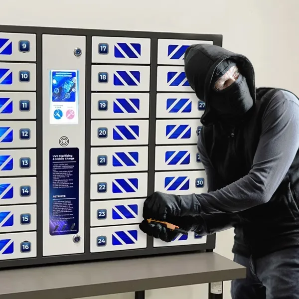 Charging locker on a table with an illustration highlighting its security feature, showing a thief icon in front of the locker.